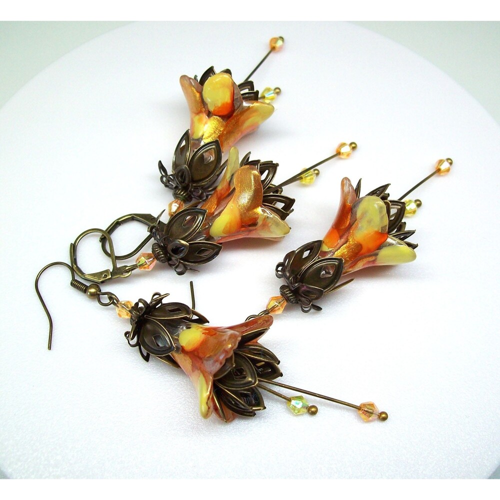 Boho Floral Earrings Vintage Style Antique Bronze, Hand Painted, Artisan Crafted